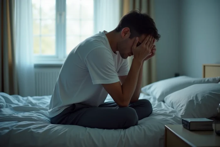 Homme anxieux assis sur son lit après un rêve angoissant, dans une chambre désordonnée symbolisant une nuit agitée