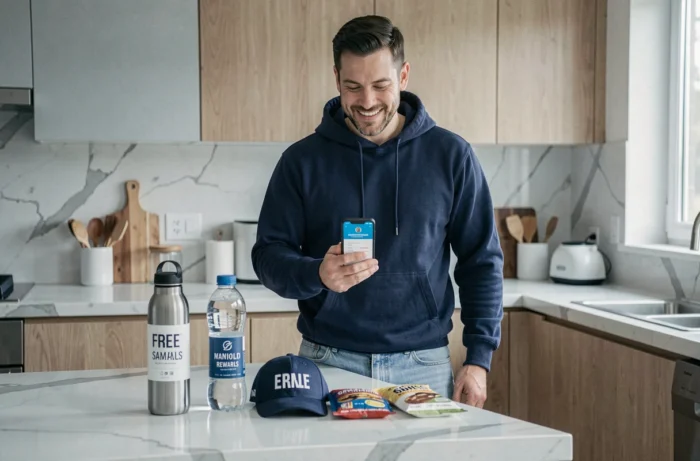 Homme tenant un smartphone avec une application de récompenses entouré de goodies gratuits sur un comptoir de cuisine moderne