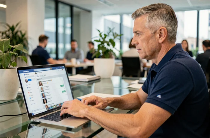 Homme d'âge moyen accédant à la liste des profils bloqués sur Facebook via un ordinateur portable au bureau