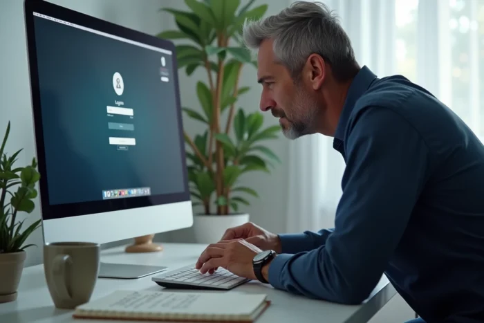 Homme adulte face à un écran d'ordinateur tentant de se connecter à la plateforme One Connect Home Educ