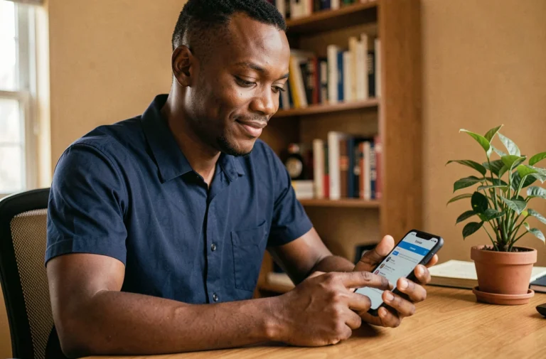 Homme utilisant l'application Wave Money sur smartphone pour effectuer un prêt mobile en Afrique de l'Ouest