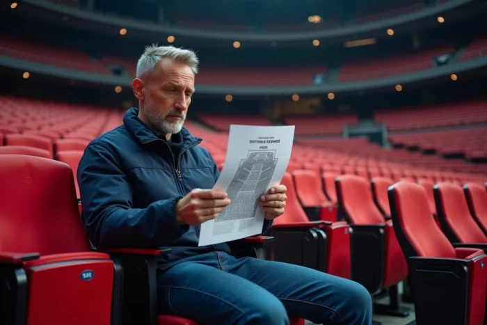 Homme adulte assis dans l'Accor Arena étudiant attentivement un plan de salle imprimé pour choisir la meilleure place pour le son
