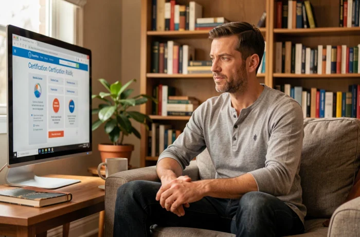 Homme suivant une formation en ligne depuis son bureau à domicile, certifié sur une plateforme numérique professionnelle