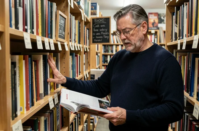 Homme parcourant les pages d'une revue littéraire dans une librairie indépendante aux rayonnages chargés