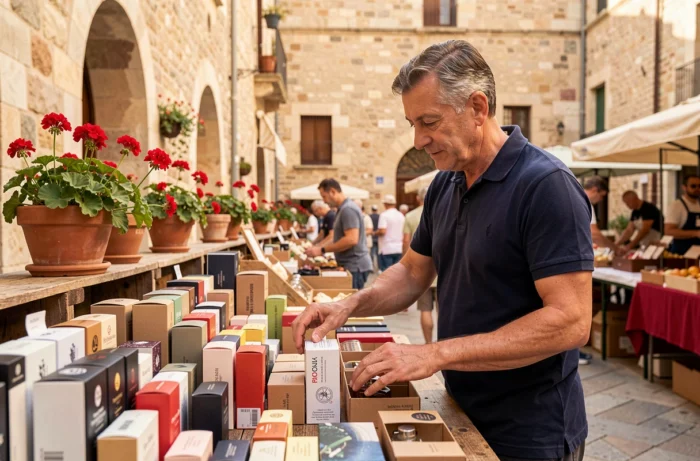 Homme parcourant des flacons de parfum sur un marché en plein air en Espagne