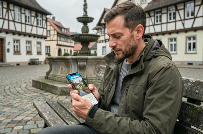 Homme utilisant un smartphone pour consulter le plan interactif de La Petite Pierre sur une place du village
