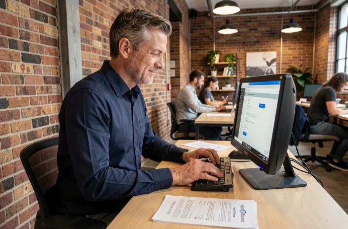 Homme d'âge mûr complétant son profil sur une plateforme de recherche d'emploi dans un espace de coworking