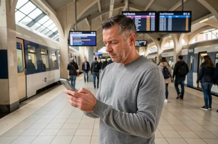 Homme consultant son téléphone sur un quai de gare pour joindre le service client Ouigo