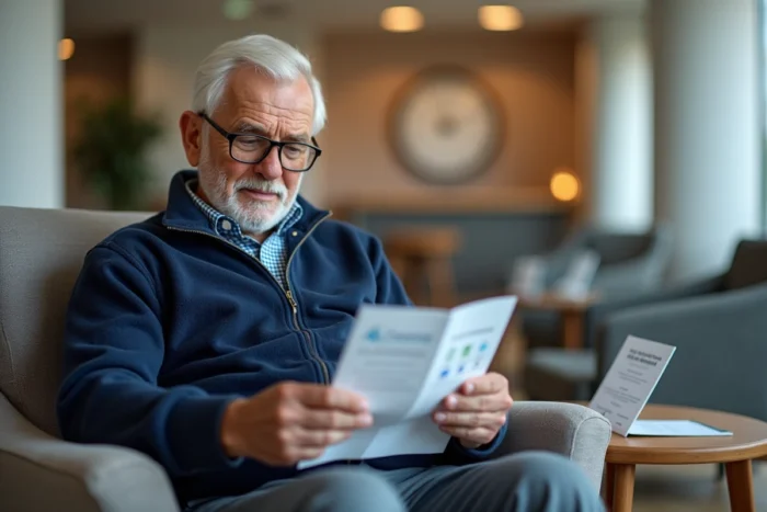 Un homme senior lit une brochure sur les tarifs des appareils auditifs Audika dans une salle d'attente
