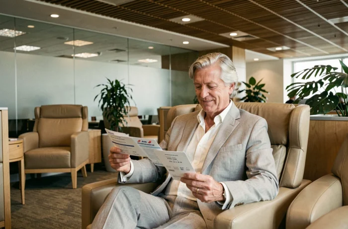 Homme senior élégant se relaxant dans un salon grand voyageur Air France avec sa carte senior avantages
