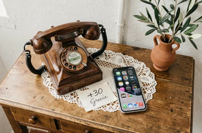 Téléphone vintage et smartphone côte à côte avec le code international +30 Grèce sur un bureau en bois