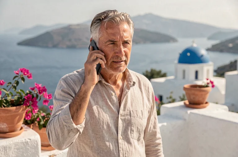 Homme grec parlant sur un smartphone avec vue sur la mer Égée depuis une terrasse d'Athènes