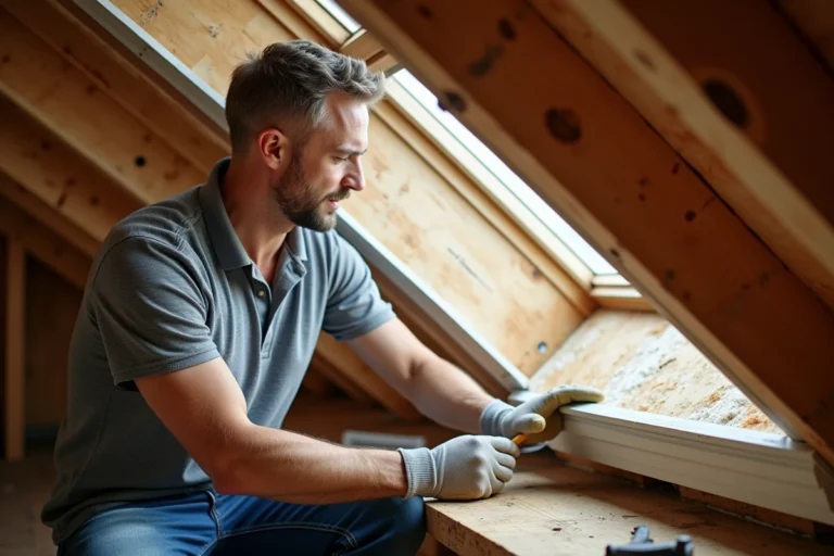 Professionnel inspectant le joint d'étanchéité d'un velux dans un grenier en bois, entretien préventif d'une fenêtre de toit