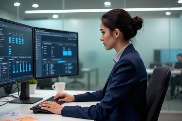 Femme professionnelle intégrant des outils numériques sur double écran dans un bureau moderne