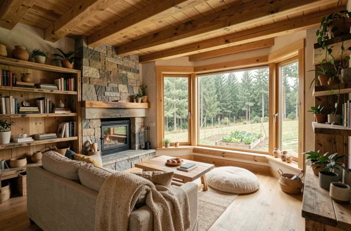 Intérieur chaleureux d'un chalet en bois avec vue sur terrain boisé privé en France