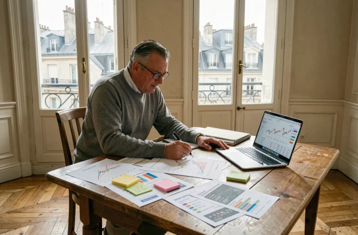 Investisseur immobilier analysant des graphiques de prix dans un appartement parisien avec parquet et grandes fenêtres