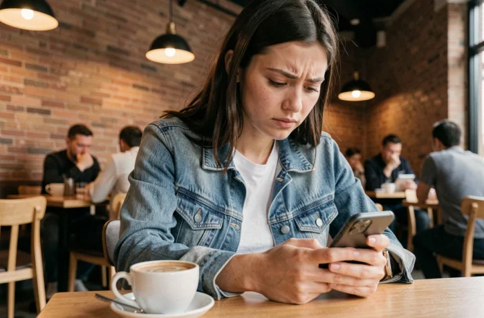 Jeune femme dans un café cherchant le numéro de téléphone du service client Ouigo