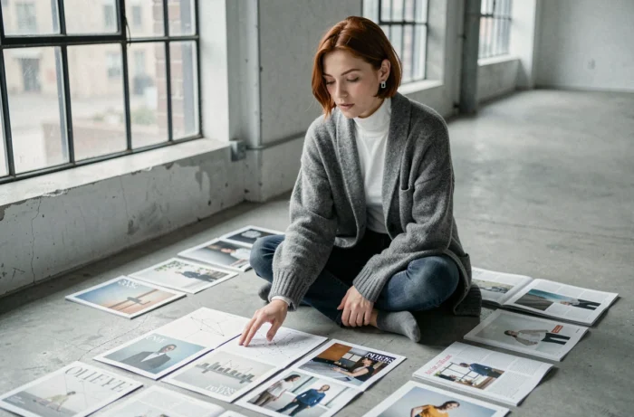 Jeune femme étudiant la mise en page de pages imprimées sur le sol d'un studio éditorial contemporain