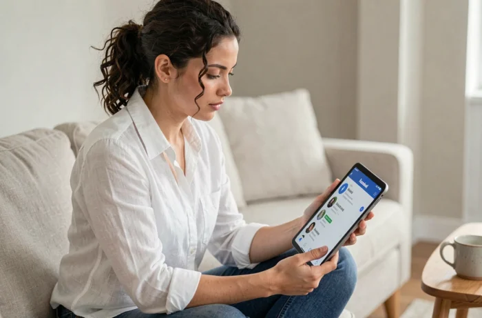 Jeune femme assise sur un canapé consultant la liste des profils bloqués sur Facebook depuis une tablette
