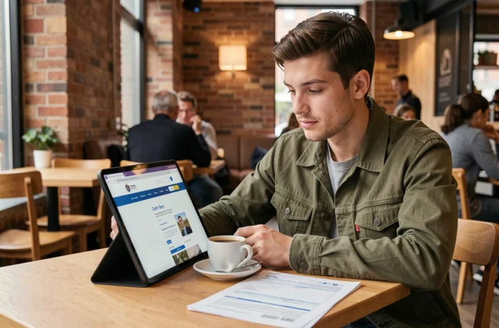 Jeune homme consultant le site officiel des formulaires Cerfa sur une tablette dans un café avec le document imprimé posé à côté