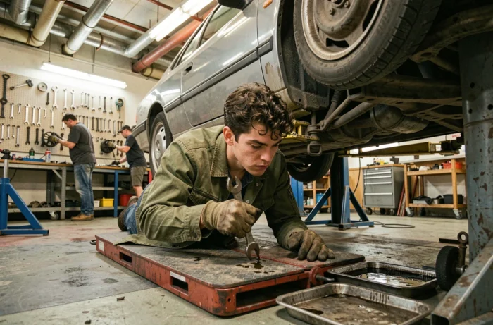 Jeune homme effectuant une réparation sous sa voiture dans un atelier de garage associatif