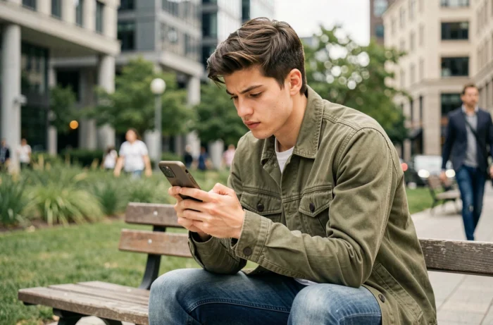 Jeune adulte recherchant des offres d'emploi sur smartphone dans un parc urbain moderne