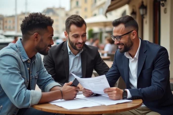 Groupe de jeunes professionnels discutant d'opportunités d'emploi en terrasse près du Vieux-Port de Marseille