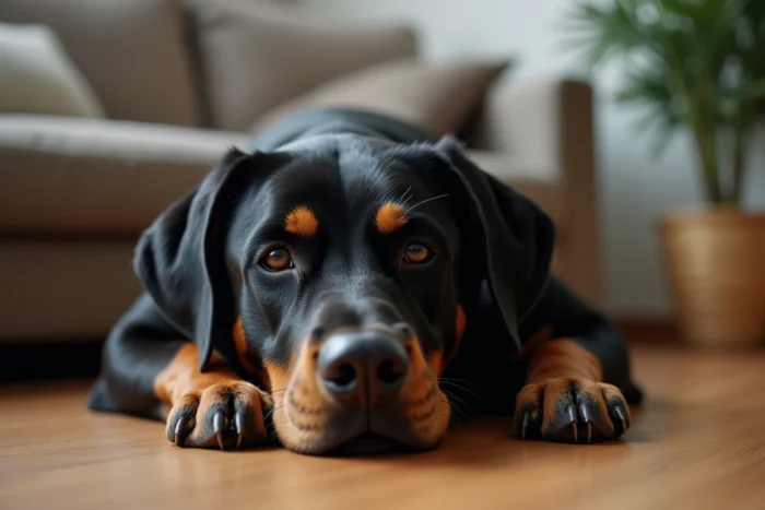 Chien labrador croisé beauceron allongé sur un parquet en bois à l'intérieur d'une maison, expression paisible et détendue