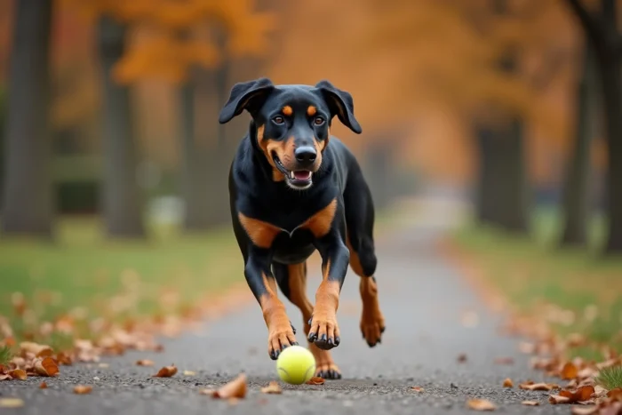 Labrador croisé beauceron en pleine course dans un parc en automne, attrapant une balle de tennis, pelage brillant noir et feu