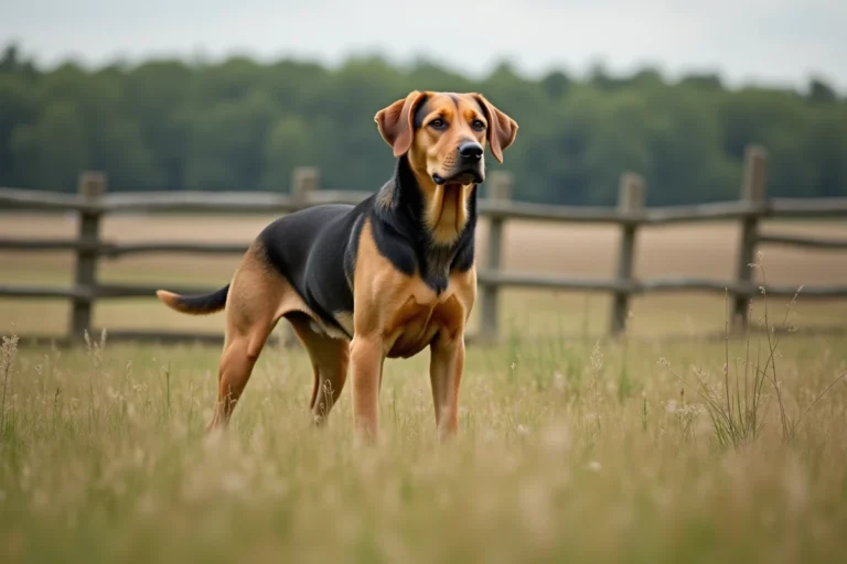 Labrador croisé Beauceron debout dans un pré en pleine nature, pelage bicolore noir et feu, regard alerte et expressif