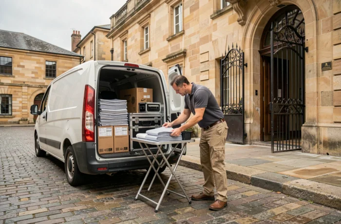 Technicien logistique déchargeant du matériel de location événementiel depuis un van blanc devant une salle de réception en pierre