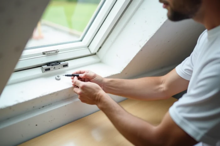 Gros plan sur la lubrification des charnières d'un velux intérieur dans un bureau sous les combles, maintenance fenêtre de toit