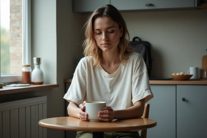 Maman célibataire pensive le matin avec son café, moment de solitude et de résilience du parent solo