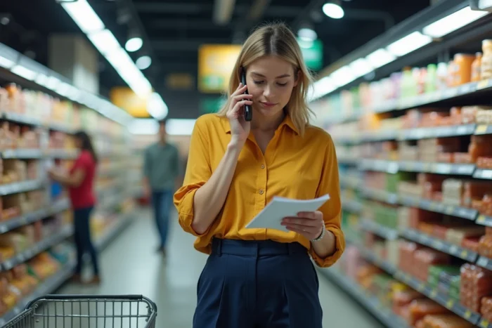 Mère solo faisant les courses seule en ville, multitâche du quotidien de parent unique