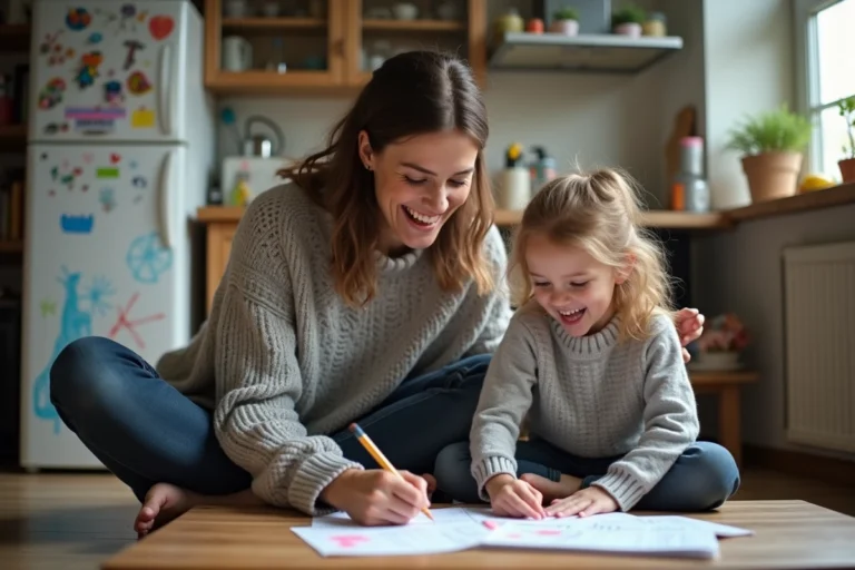 Maman célibataire aidant sa fille avec les devoirs sur le sol de la cuisine, moment complice et authentique
