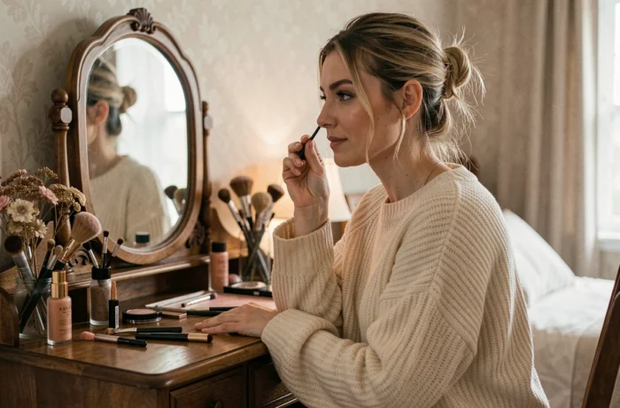 Femme appliquant du mascara à sa coiffeuse dans une chambre cosy, maquillage naturel et routine beauté personnelle