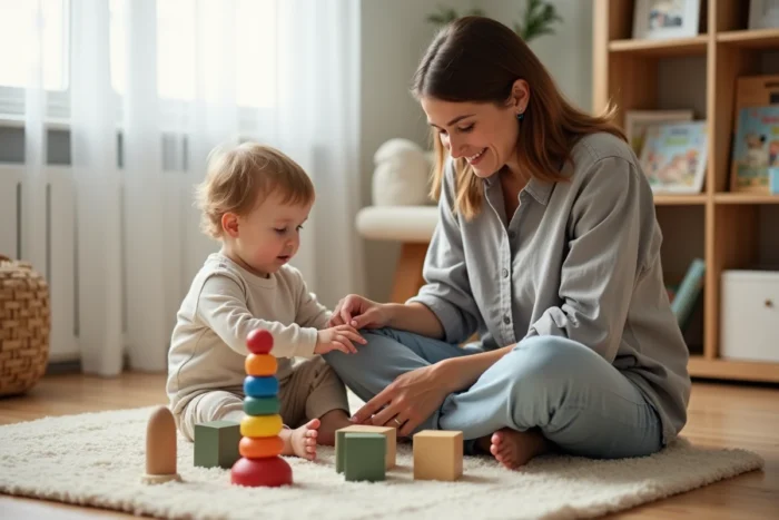 Mère et enfant en bas âge jouant ensemble avec des blocs en bois colorés sur le sol d'un salon chaleureux, favorisant l'éveil et le développement de l'enfant