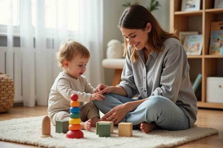 Mère et enfant en bas âge jouant ensemble avec des blocs en bois colorés sur le sol d'un salon chaleureux, favorisant l'éveil et le développement de l'enfant