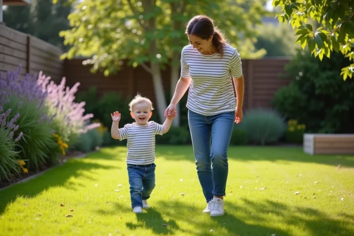 Jeune mère aidant son tout-petit à faire ses premiers pas dans un jardin verdoyant, moment de développement moteur et d'éveil sensoriel en plein air