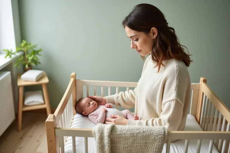 Jeune mère déposant son bébé dans un lit à barreaux en bois blanc de taille standard 60x120 cm dans une chambre de bébé décorée en tons naturels
