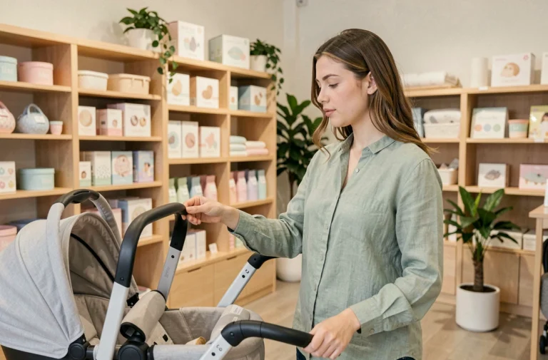 Jeune mère découvrant les nouveaux modèles de poussettes dans une boutique de puériculture moderne