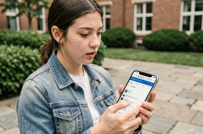 Étudiante accédant à la messagerie académique Mel2web depuis son smartphone sur un campus universitaire