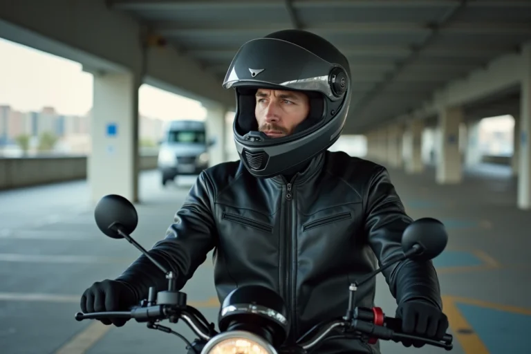 Motard ajustant son intercom sur son casque intégral dans un parking urbain