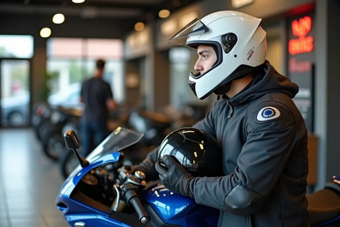 Jeune motard en équipement complet examinant une Yamaha R6 dans une concession moto française, casque AGV sous le bras