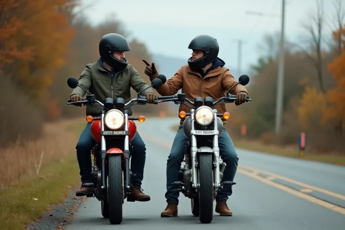 Deux motards discutant de leur intercom au bord d'une route de campagne en automne