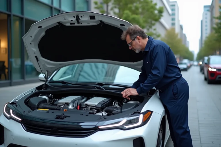 Ingénieur automobile examinant le groupe motopropulseur hybride d'une berline moderne, moteur électrique et thermique visibles sous le capot ouvert