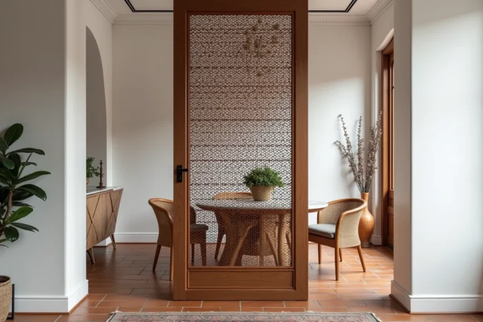 Cloison séparatrice en moucharabieh bois DIY à motif hexagonal dans un appartement au style marocain contemporain