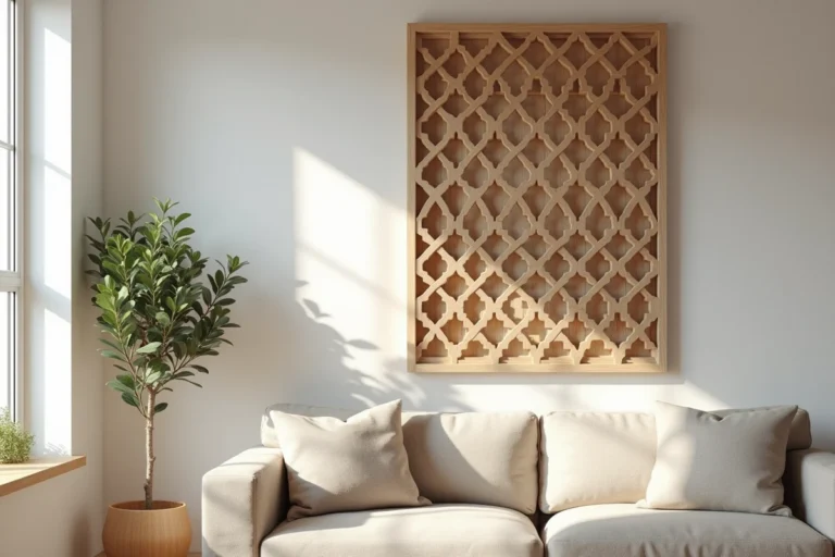 Panneau moucharabieh en bois DIY fixé au mur d'un salon moderne avec motifs géométriques en treillis de chêne clair
