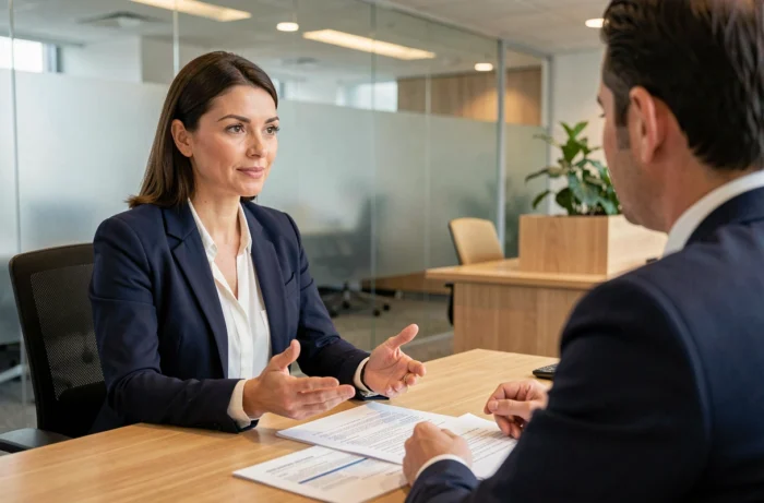 Une femme négociant son taux d'intérêt de crédit immobilier avec un conseiller bancaire dans une agence moderne
