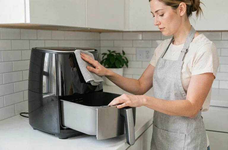 Femme nettoyant facilement une friteuse sans huile moderne sur un plan de travail blanc dans une cuisine épurée